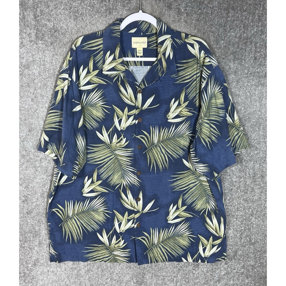 Joseph & Feiss Silk Hawaiian Loop Collar Shirt Mens 2XLT Blue Pocket Button Up